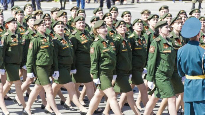 Russian military women are marching at the parade on annual Victory Day, May, 9, 2017 in Samara, Russia