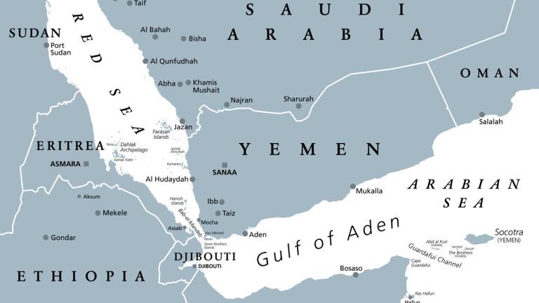 Gulf of Aden area, connecting Red Sea and Arabian Sea, gray political map