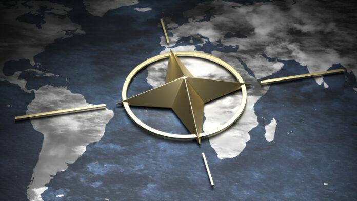 NATO North Atlantic Alliance sign symbol on earth globe map background 3d illustration