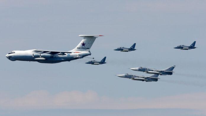 KHIMKI, MOSCOW REGION, RUSSIA MAY 9, 2010: Ilyushin IL 78, Yakovlev Yak 130, Sukhoi SU 24M of Russian Air Force during Victory Day parade