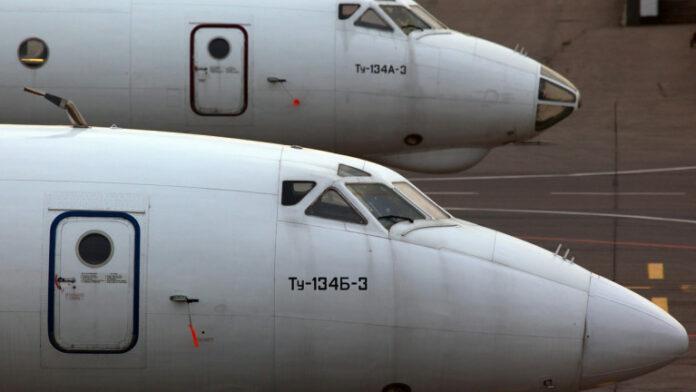 SHEREMETYEVO, MOSCOW REGION, RUSSIA NOVEMBER 20, 2011: Tupolev Tu 134A 3 and Tu 134B 3 standing at Sheremetyevo international airport