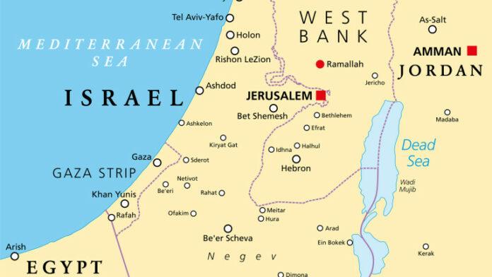 Part of the Southern District of Israel, political map, with the Gaza Strip