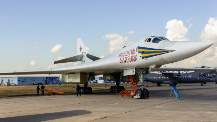 100th anniversary of the Russian Air Force Big Soviet supersonic high speed strategic bomber with variable sweep wing Tu 160 White Swan (NATO: Blackjack) in parking